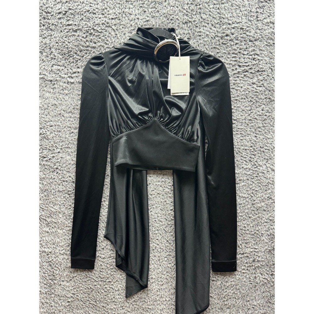 NWT Paco Rabanne x H&M Gothic Womens Black Buckle Satin Jersey Drape Top Size XS